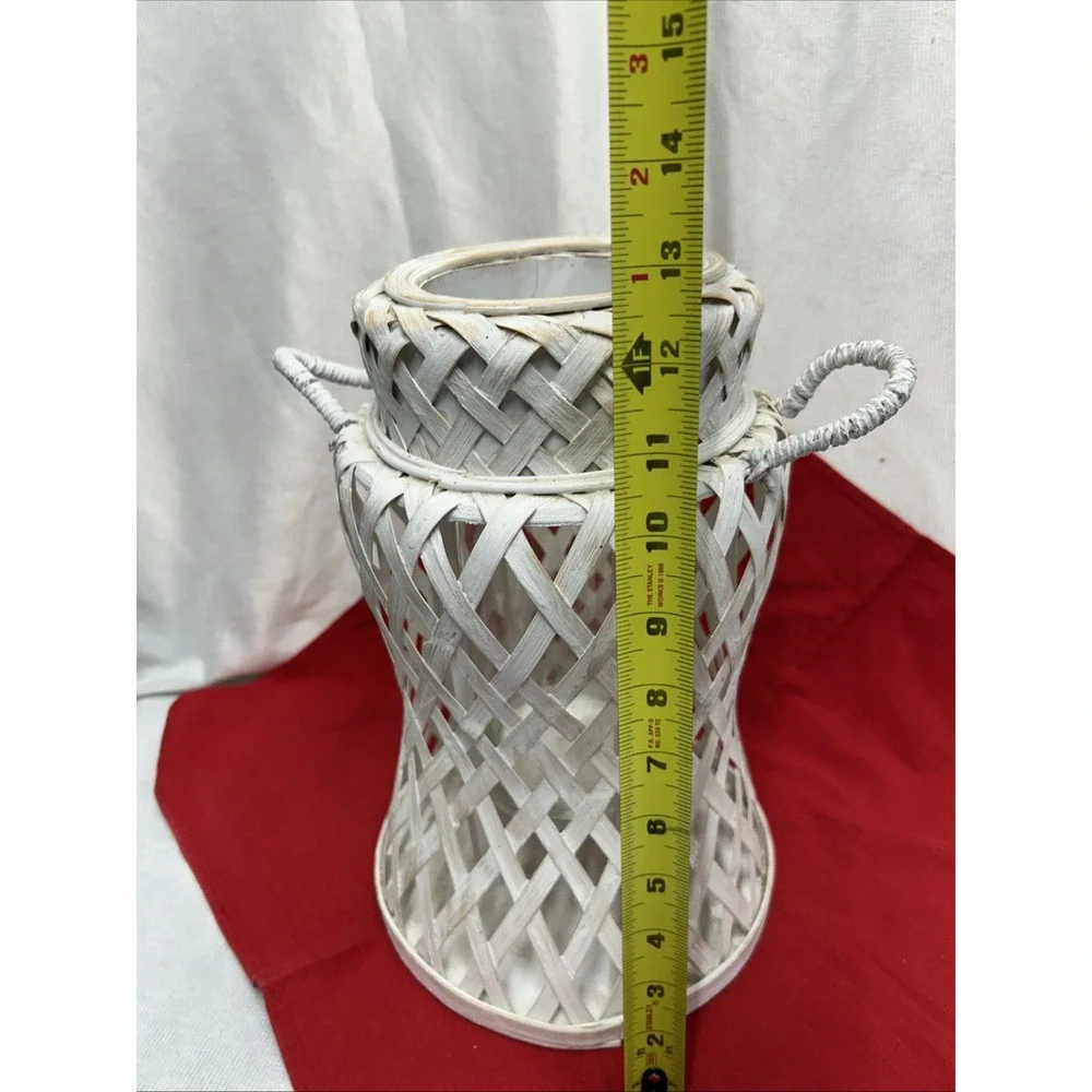 Large Whitewashed Rattan Hurricane Lantern Unique Boho Indoor Or Outdoor Decor